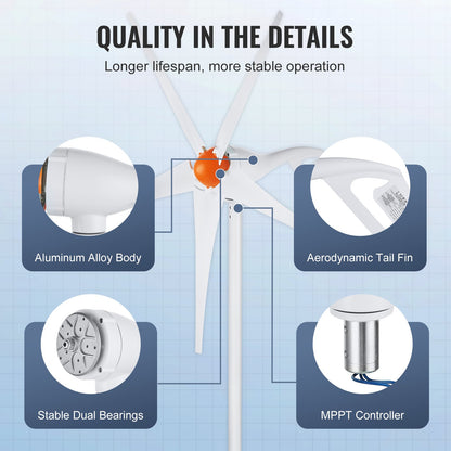 500W Wind Turbine Generator, 12V Wind Turbine Kit, 5-Blade Wind Power Generator with MPPT Controller, Adjustable Windward Direction & 2.5m/s Start Wind Speed, Suitable for Home, Farm, RVs, Boats