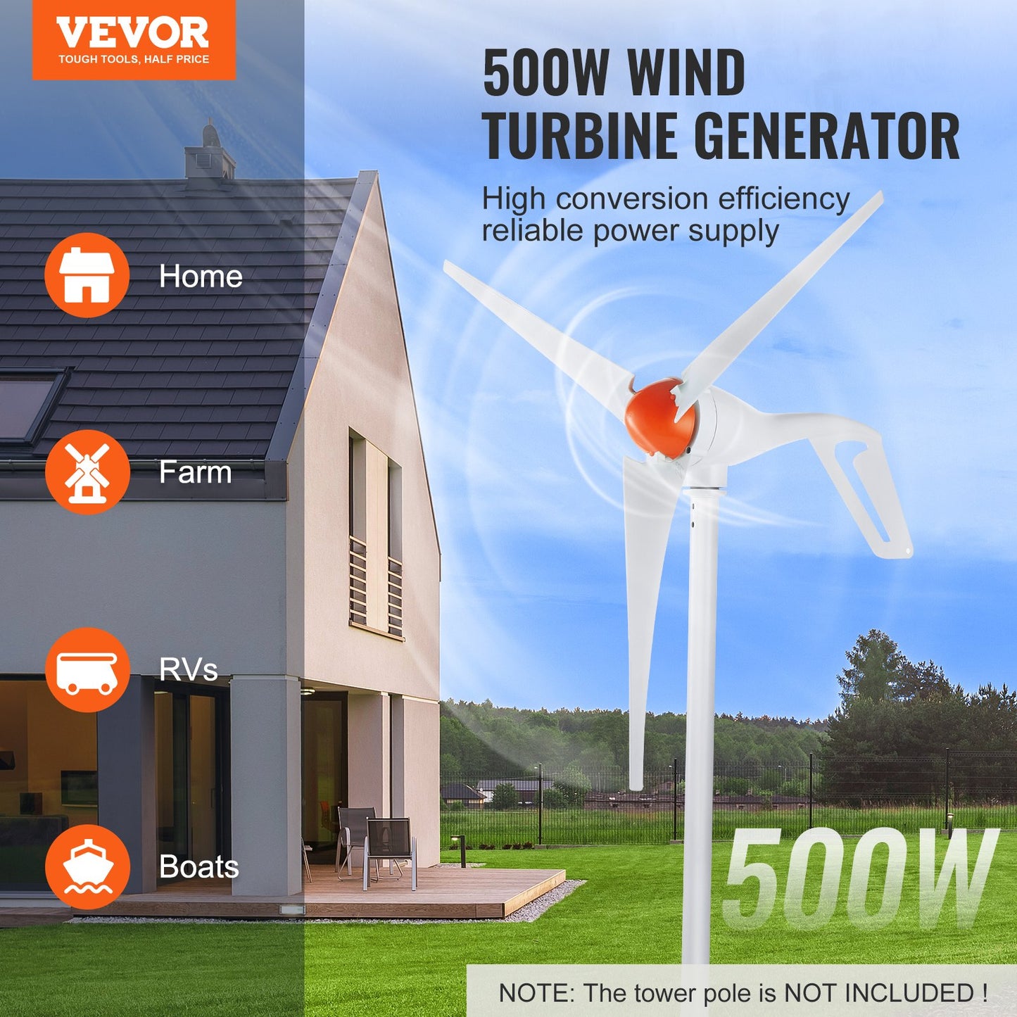 500W Wind Turbine Generator 12V 3 Blade Wind Turbine Kit with Anemometer