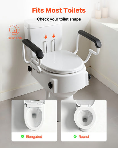 Raised Toilet Seat with Arms, 300 lbs Load Capacity, 3-Level Adjustable Height, Widened Commode Elevated Toilet Seat Riser with Padded Handles for Seniors, Elderly, Handicap, Disabled, Adults