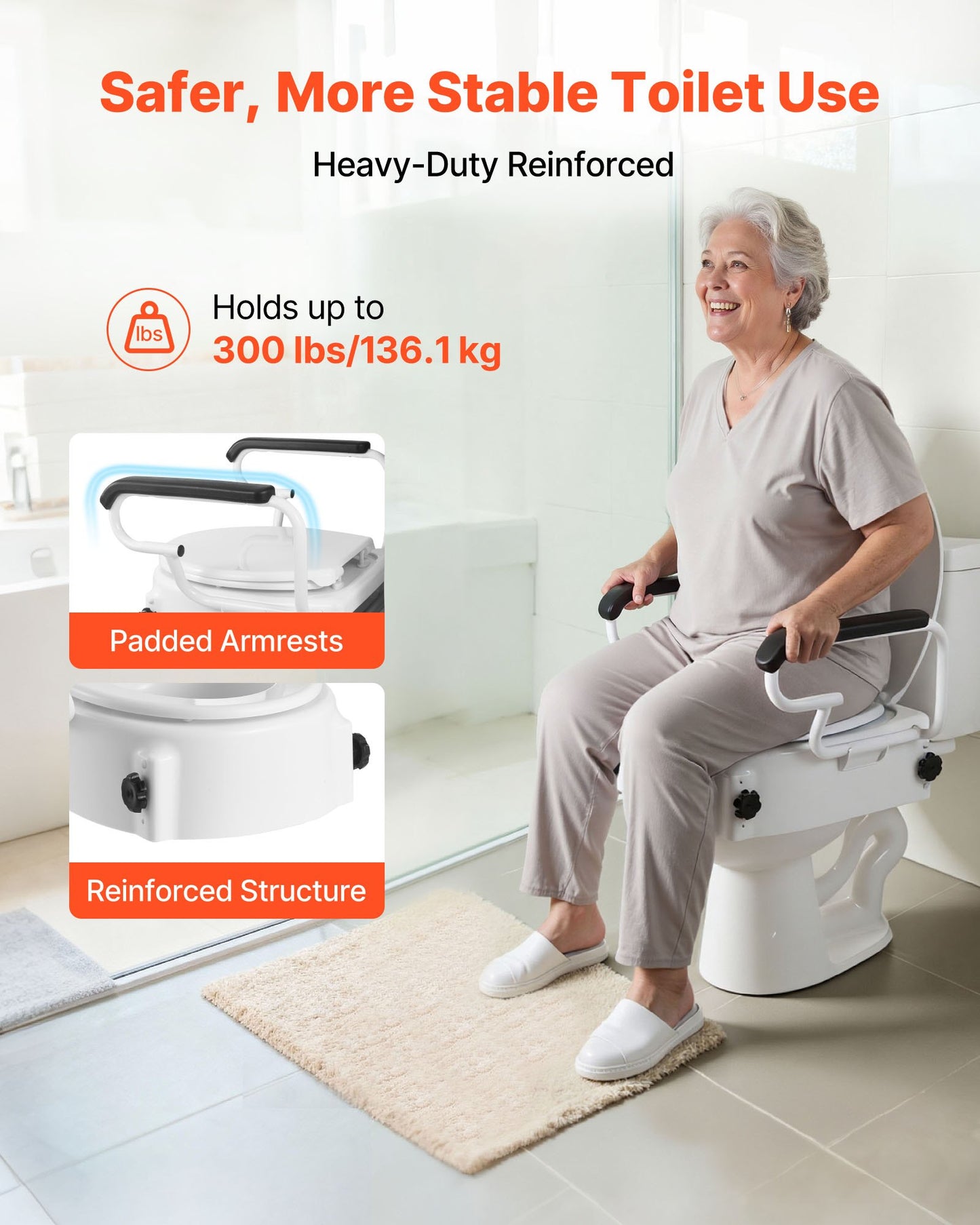 Raised Toilet Seat with Arms, 300 lbs Load Capacity, 3-Level Adjustable Height, Widened Commode Elevated Toilet Seat Riser with Padded Handles for Seniors, Elderly, Handicap, Disabled, Adults