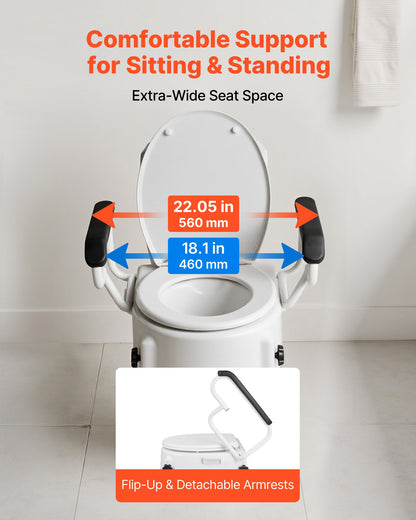 Raised Toilet Seat with Arms, 300 lbs Load Capacity, 3-Level Adjustable Height, Widened Commode Elevated Toilet Seat Riser with Padded Handles for Seniors, Elderly, Handicap, Disabled, Adults