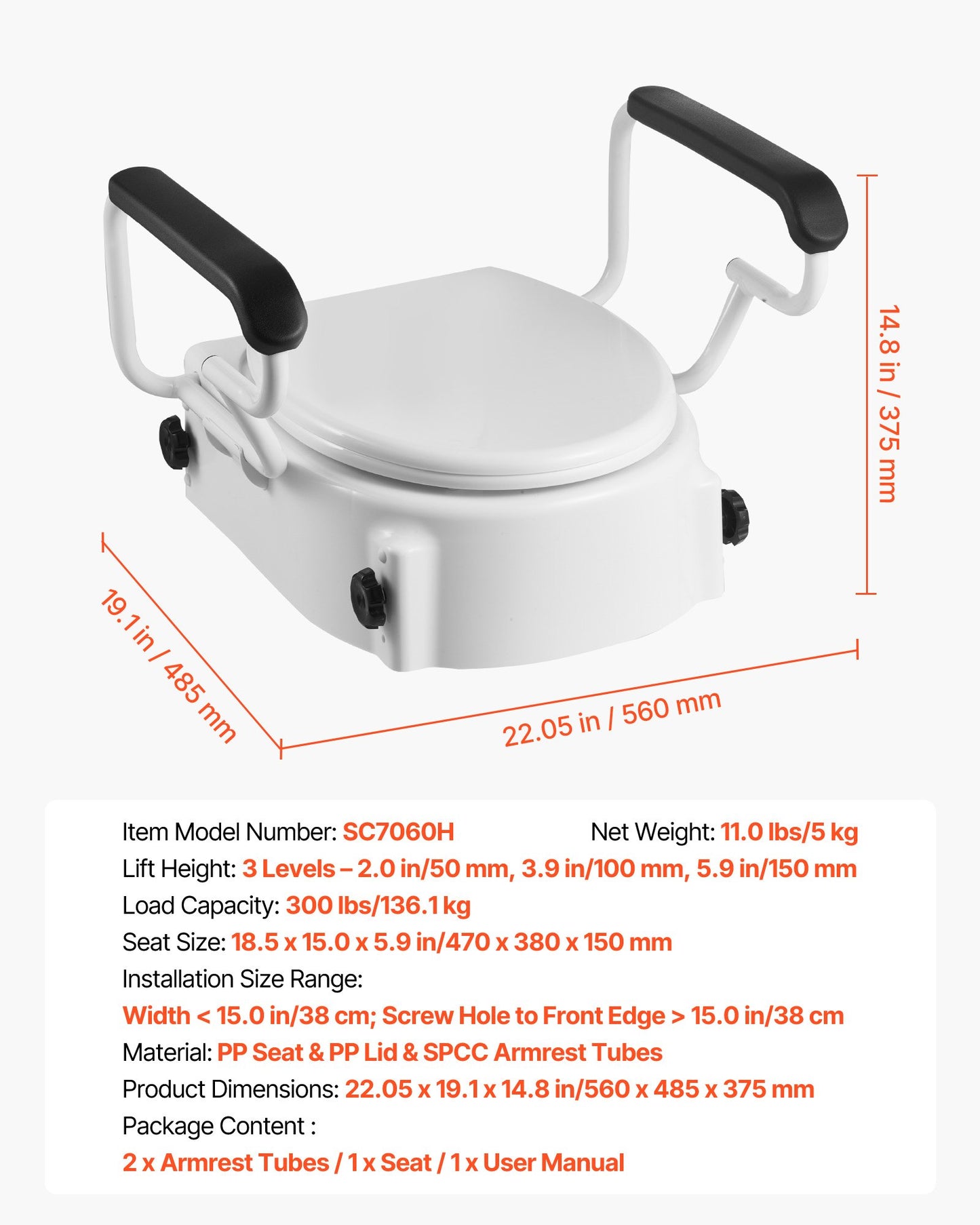 Raised Toilet Seat with Arms, 300 lbs Load Capacity, 3-Level Adjustable Height, Widened Commode Elevated Toilet Seat Riser with Padded Handles for Seniors, Elderly, Handicap, Disabled, Adults