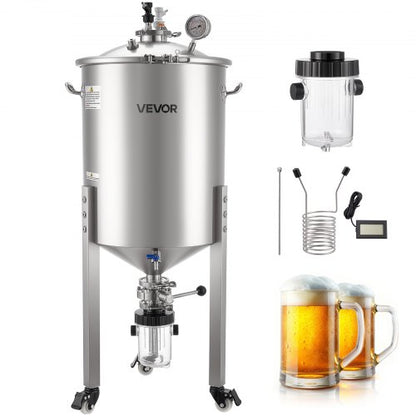 Pressure Fermenter 15 PSI, 16 Gal/60L All-in-One Stainless Steel Conical Secondary Fermentation Bucket, with Cooling Tube, Yeast Slurry Collection Bottle, for Wine, Beer Brewing Equipment