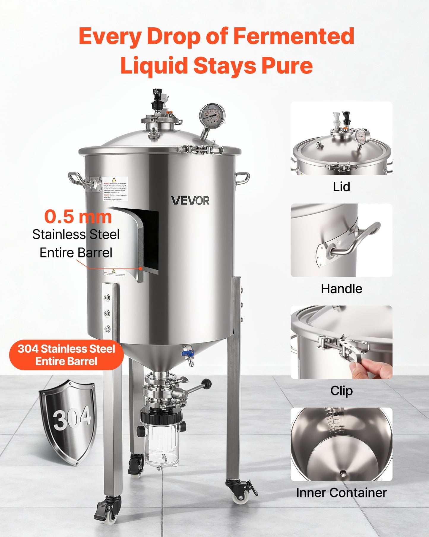 Pressure Fermenter 15 PSI, 16 Gal/60L All-in-One Stainless Steel Conical Secondary Fermentation Bucket, with Cooling Tube, Yeast Slurry Collection Bottle, for Wine, Beer Brewing Equipment