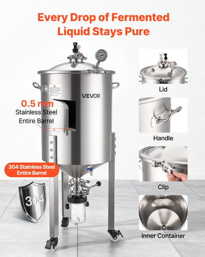 Pressure Fermenter 15 PSI, 16 Gal/60L All-in-One Stainless Steel Conical Secondary Fermentation Bucket, with Cooling Tube, Yeast Slurry Collection Bottle, for Wine, Beer Brewing Equipment