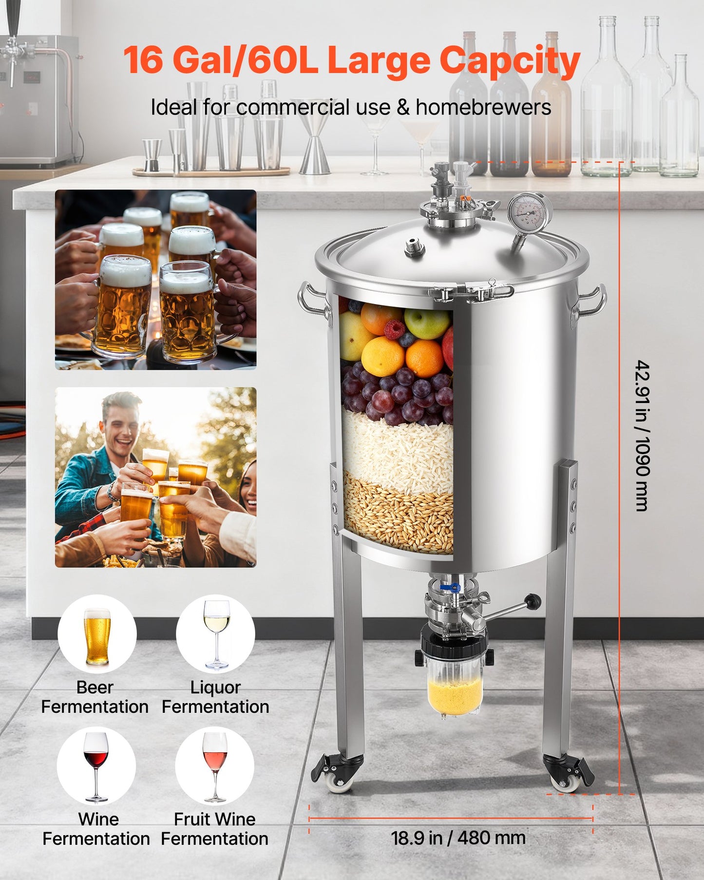 Pressure Fermenter 15 PSI, 16 Gal/60L All-in-One Stainless Steel Conical Secondary Fermentation Bucket, with Cooling Tube, Yeast Slurry Collection Bottle, for Wine, Beer Brewing Equipment