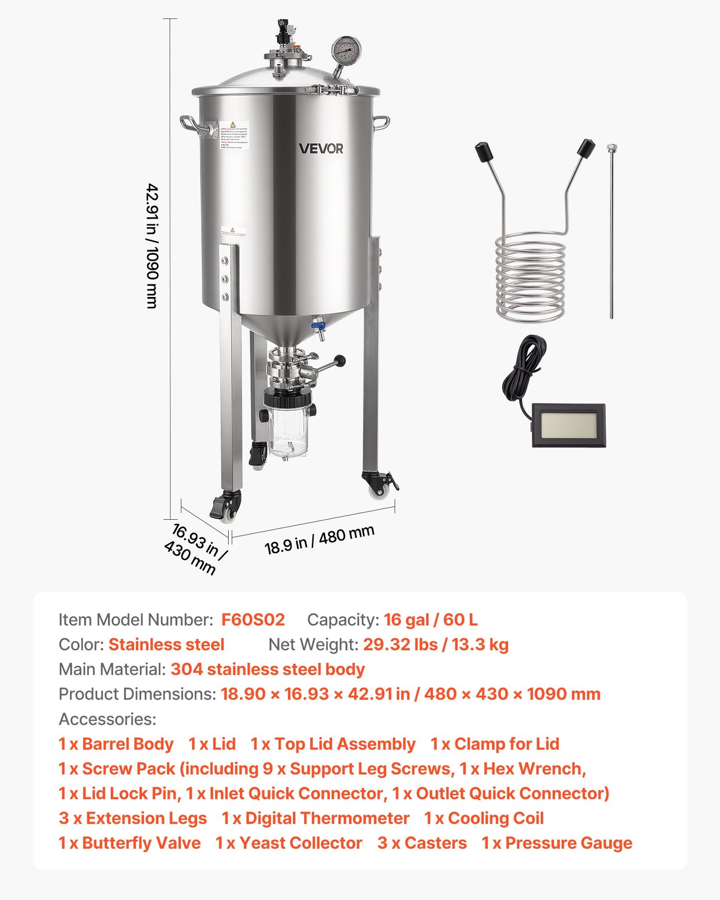 Pressure Fermenter 15 PSI, 16 Gal/60L All-in-One Stainless Steel Conical Secondary Fermentation Bucket, with Cooling Tube, Yeast Slurry Collection Bottle, for Wine, Beer Brewing Equipment