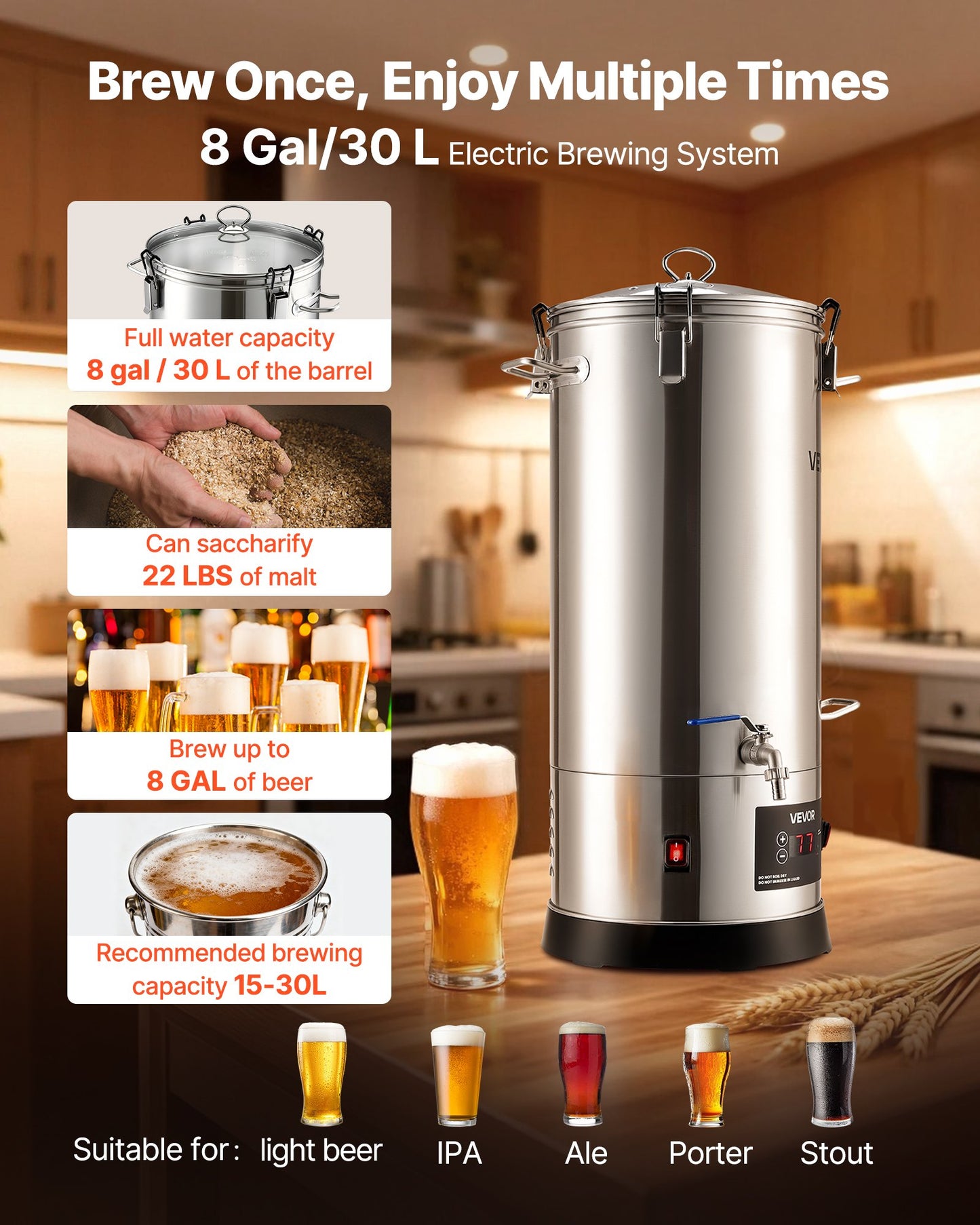Beer Brewing Equipment, 8 Gal/30L 304 Stainless Steel Home Beer Brewer,1500W All-in-One Home Brewing Kit with Tall strainer, Integrated Inner Barrel & Reinforced Handle