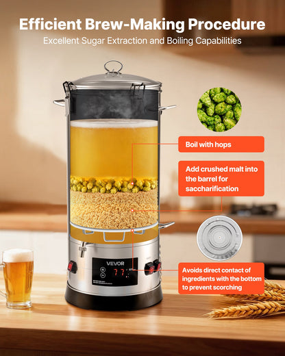 Beer Brewing Equipment, 8 Gal/30L 304 Stainless Steel Home Beer Brewer,1500W All-in-One Home Brewing Kit with Tall strainer, Integrated Inner Barrel & Reinforced Handle