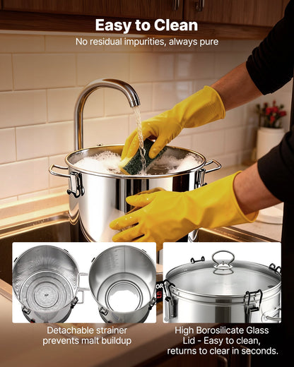 Beer Brewing Equipment, 8 Gal/30L 304 Stainless Steel Home Beer Brewer,1500W All-in-One Home Brewing Kit with Tall strainer, Integrated Inner Barrel & Reinforced Handle
