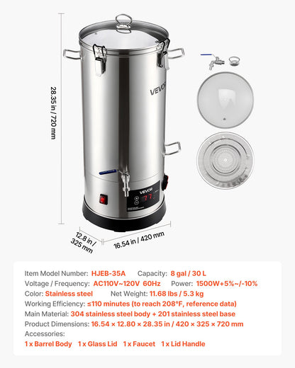 Beer Brewing Equipment, 8 Gal/30L 304 Stainless Steel Home Beer Brewer,1500W All-in-One Home Brewing Kit with Tall strainer, Integrated Inner Barrel & Reinforced Handle