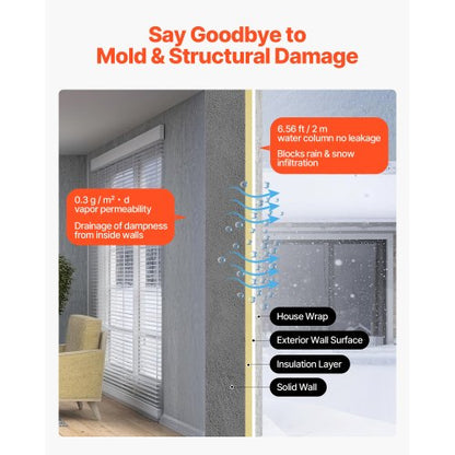 Husfolie, 2740 x 22860 mm, 0,13 mm tjock ångspärr, kraftig plastfolie för rivbeständig, ångspärr av fällduk för bostads- och kommersiellt byggande, vit |  EU