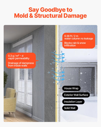 House Wrap, 9 x 75 ft, 0.13 mm Thick Vapor Barrier, Heavy Duty Plastic Sheeting for Tear-resistant, Drop Cloth Vapor Barrier Covering for Residential & Commercial Construction, White