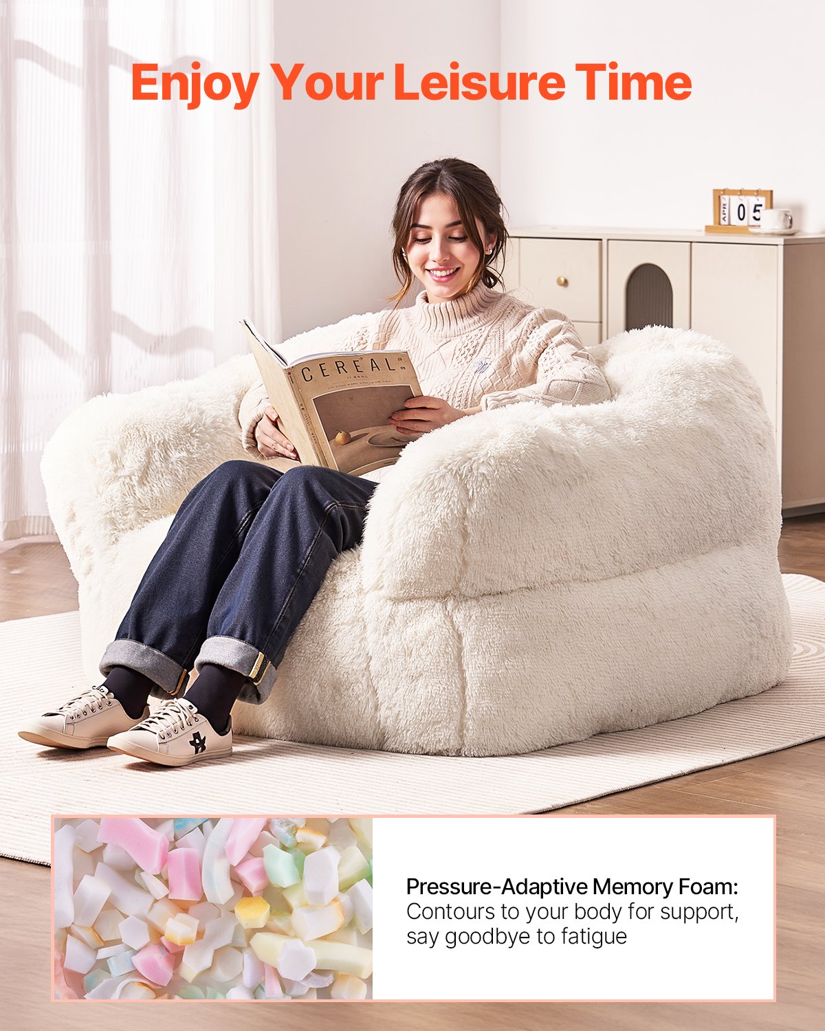 Bean Bag Chair, BeanBag Sofa Chair with Armrests for Adults, Fluffy Plush & High-Density Foam Filling Adult Bean Bag with Zapper, Comfy Lazy Sofa Chair Ideal for Living Room, Bedroom, Beige