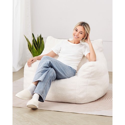 Bean Bag Chair, 3 feet Bean Bag Chair with Soft Armrests and Storage Pocket, 25D Memory Foam Filled with Soft Teddy Velvet Cover, Bean Bag for Bedroom or Playroom, White