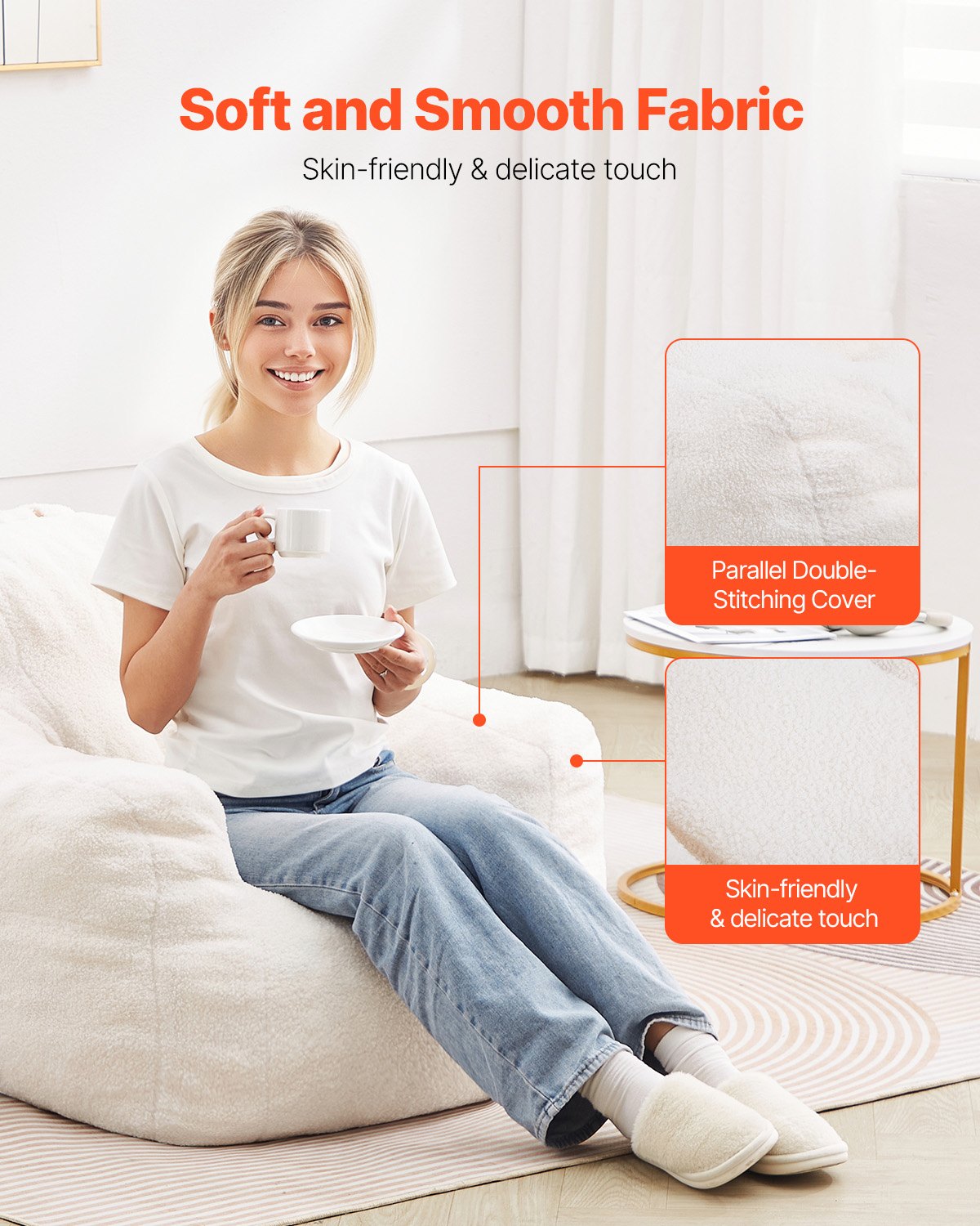 Bean Bag Chair, 3 feet Bean Bag Chair with Soft Armrests and Storage Pocket, 25D Memory Foam Filled with Soft Teddy Velvet Cover, Bean Bag for Bedroom or Playroom, White