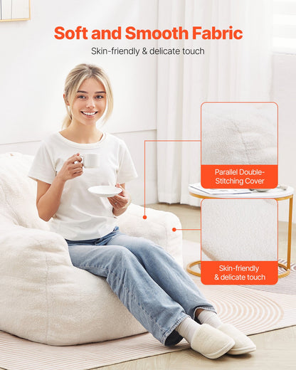 Bean Bag Chair, 3 feet Bean Bag Chair with Soft Armrests and Storage Pocket, 25D Memory Foam Filled with Soft Teddy Velvet Cover, Bean Bag for Bedroom or Playroom, White