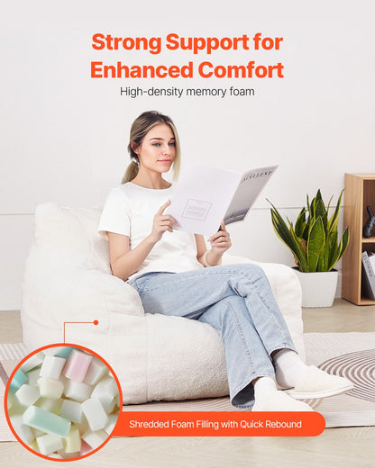 Bean Bag Chair, 3 feet Bean Bag Chair with Soft Armrests and Storage Pocket, 25D Memory Foam Filled with Soft Teddy Velvet Cover, Bean Bag for Bedroom or Playroom, White