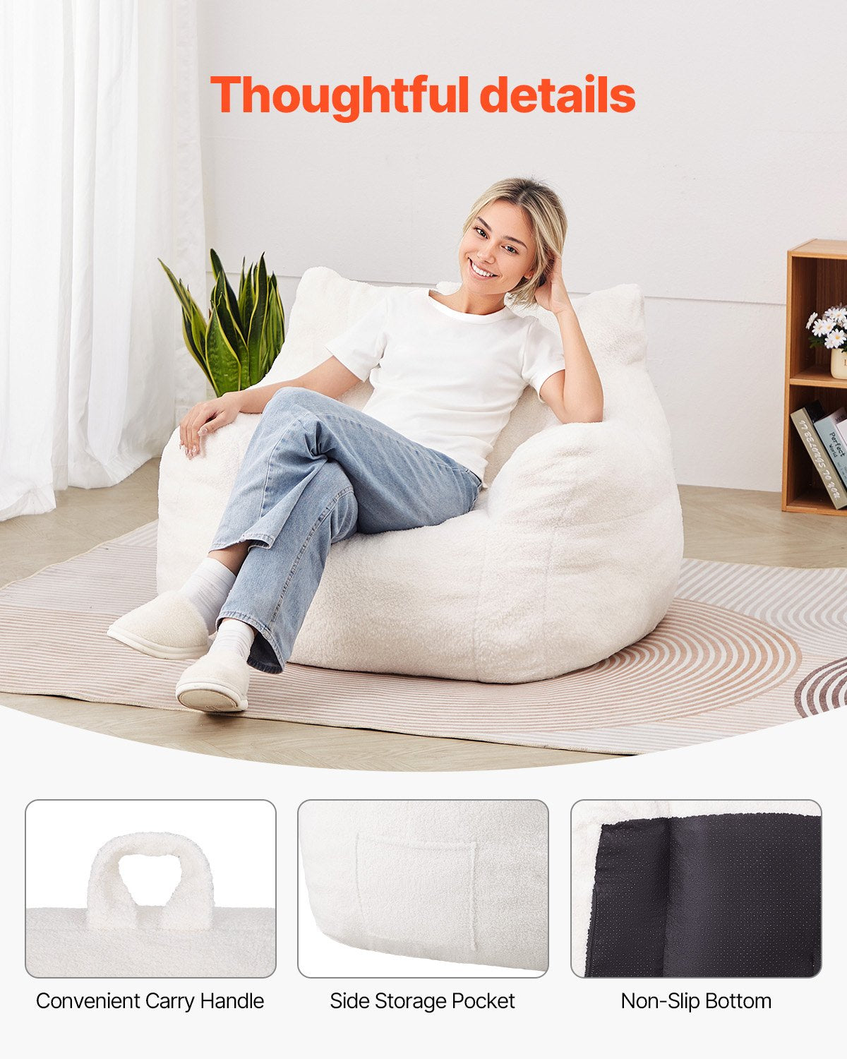 Bean Bag Chair, 3 feet Bean Bag Chair with Soft Armrests and Storage Pocket, 25D Memory Foam Filled with Soft Teddy Velvet Cover, Bean Bag for Bedroom or Playroom, White