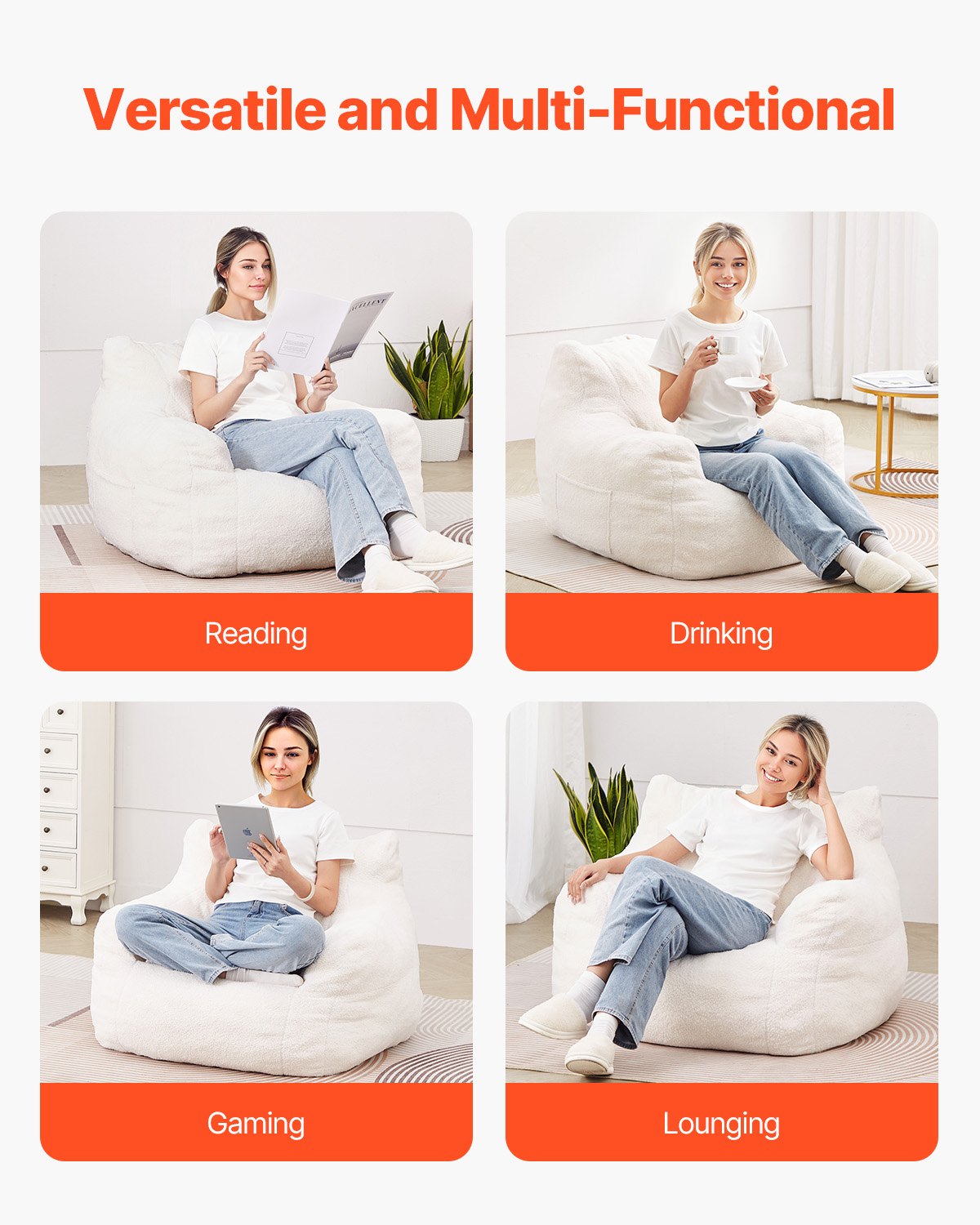 Bean Bag Chair, 3 feet Bean Bag Chair with Soft Armrests and Storage Pocket, 25D Memory Foam Filled with Soft Teddy Velvet Cover, Bean Bag for Bedroom or Playroom, White