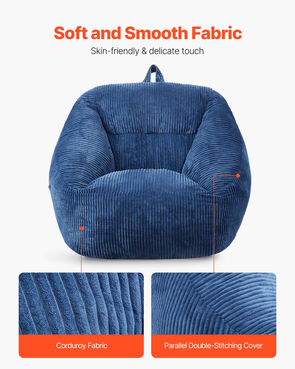 Bean Bag Chair, 3 feet Bean Bag Chair with Soft Armrests and Storage Pocket, 25D Memory Foam Filled with Soft Teddy Velvet Cover, Bean Bag for Bedroom or Playroom, Blue