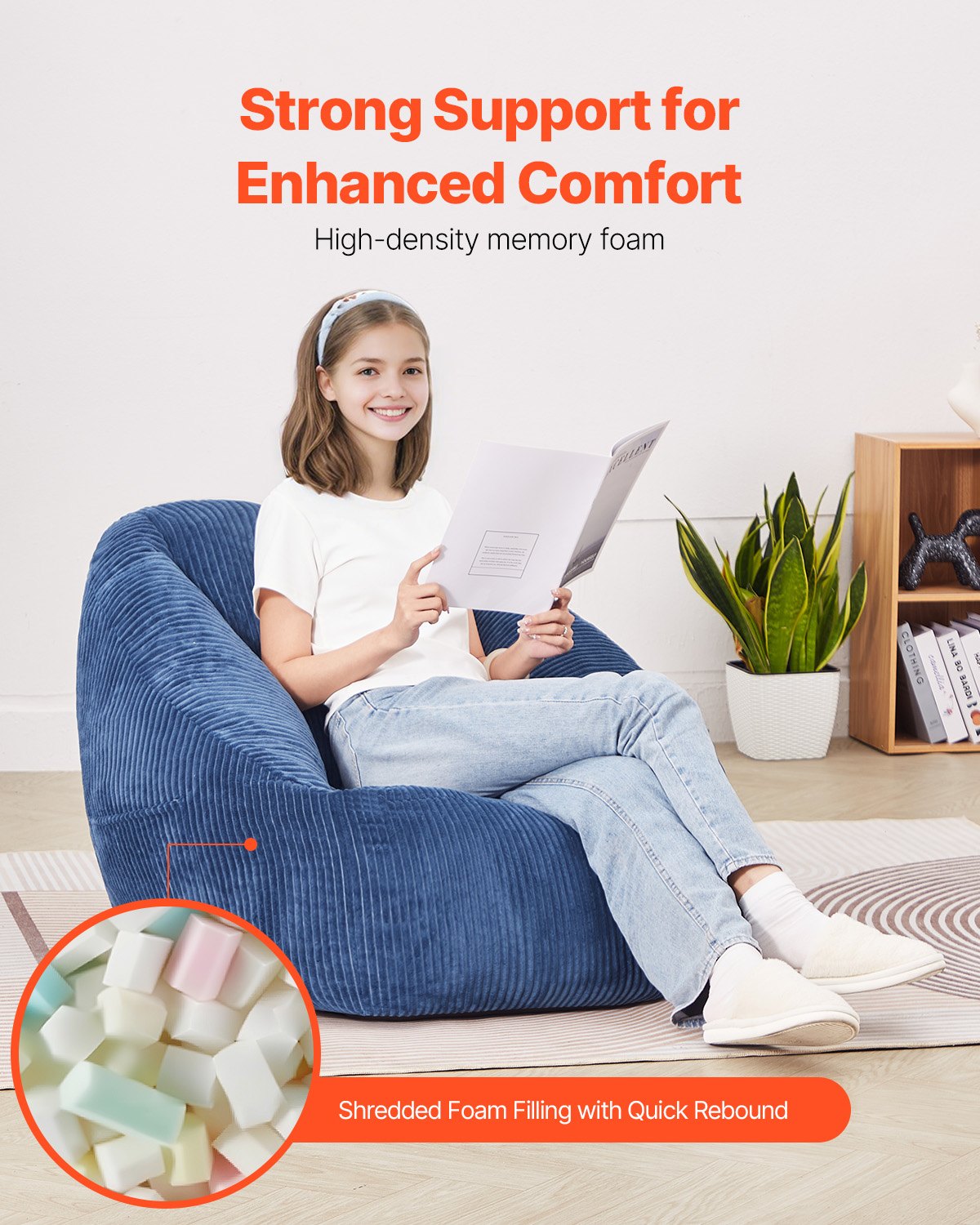 Bean Bag Chair, 3 feet Bean Bag Chair with Soft Armrests and Storage Pocket, 25D Memory Foam Filled with Soft Teddy Velvet Cover, Bean Bag for Bedroom or Playroom, Blue