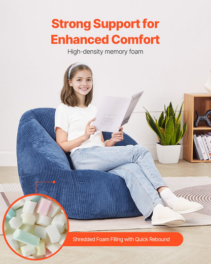 Bean Bag Chair, 3 feet Bean Bag Chair with Soft Armrests and Storage Pocket, 25D Memory Foam Filled with Soft Teddy Velvet Cover, Bean Bag for Bedroom or Playroom, Blue