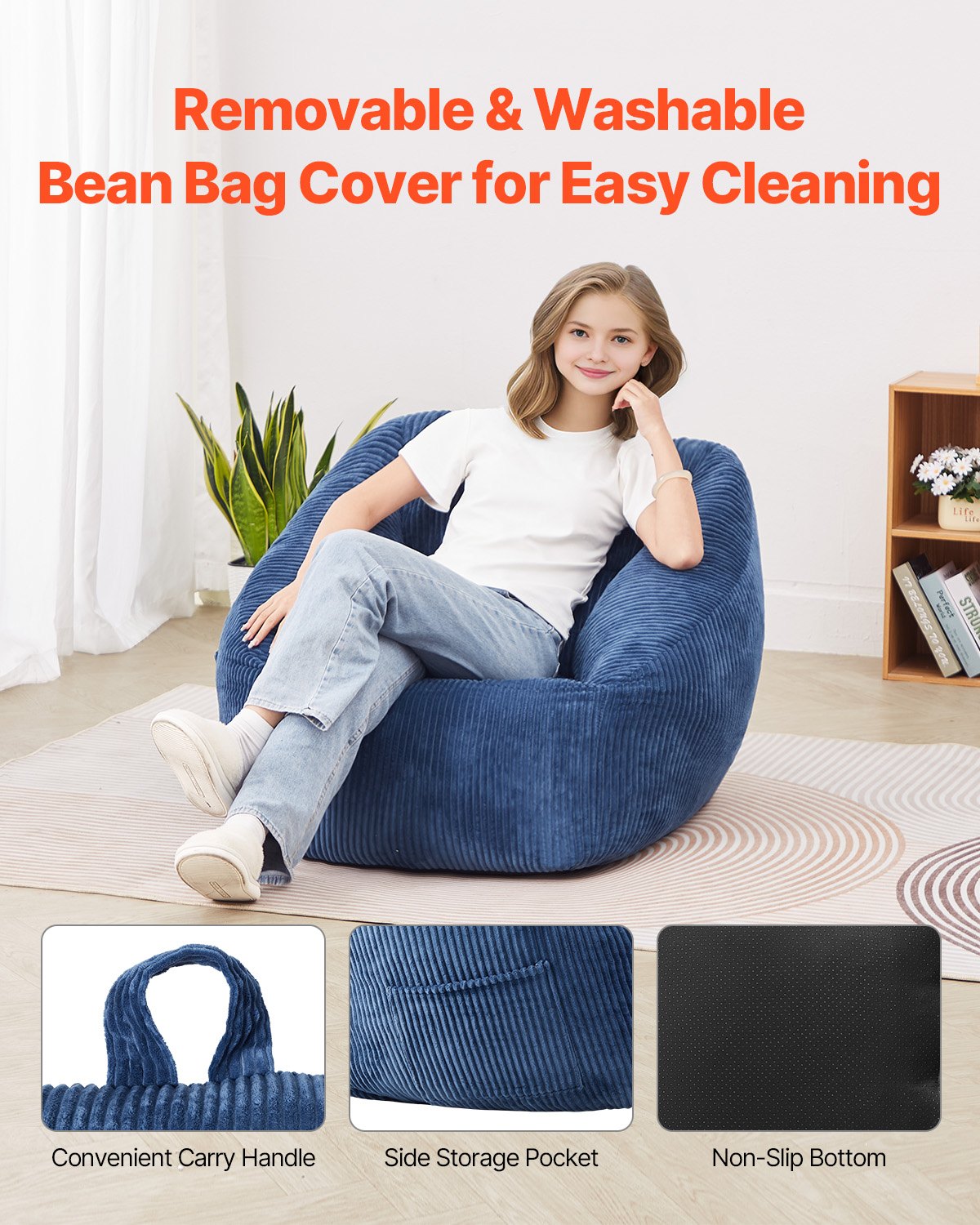 Bean Bag Chair, 3 feet Bean Bag Chair with Soft Armrests and Storage Pocket, 25D Memory Foam Filled with Soft Teddy Velvet Cover, Bean Bag for Bedroom or Playroom, Blue