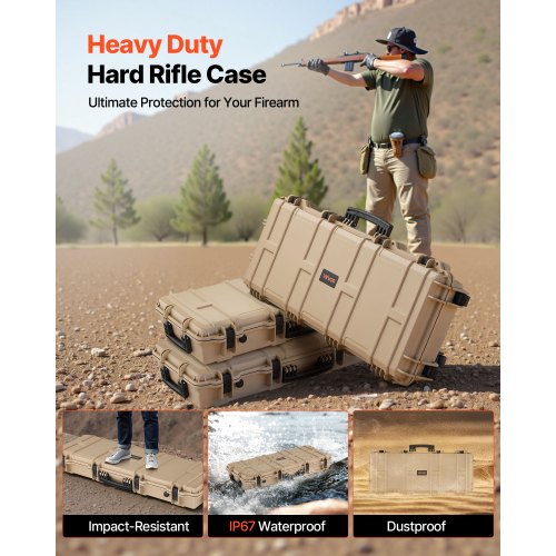 Hård gevärsväska, låsbar gevärsväska med 4 lager förskurna skum, 914 mm vapenförvaring med hjul, IP67 vattentäta och dammtäta pistolförvaringsväskor för gevär, hagelgevär, airsoftvapen, khaki |  EU