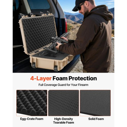 Hård gevärsväska, låsbar gevärsväska med 4 lager förskurna skum, 914 mm vapenförvaring med hjul, IP67 vattentäta och dammtäta pistolförvaringsväskor för gevär, hagelgevär, airsoftvapen, khaki |  EU