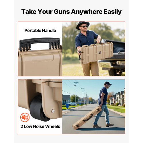 Hård gevärsväska, låsbar gevärsväska med 4 lager förskurna skum, 914 mm vapenförvaring med hjul, IP67 vattentäta och dammtäta pistolförvaringsväskor för gevär, hagelgevär, airsoftvapen, khaki |  EU