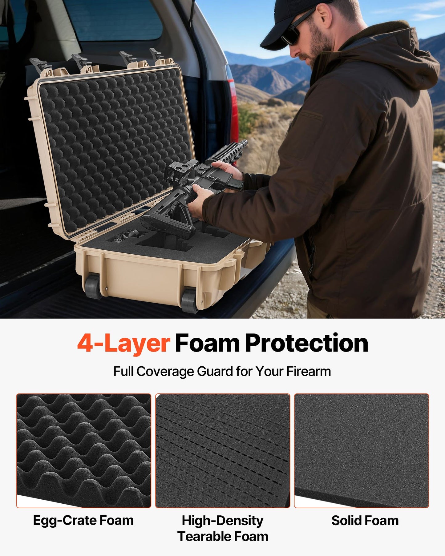 Hard Rifle Case, Lockable Rifle Case with 4 Layers Pre-cut Foams, 36 in Gun Storage with Wheels, IP67 Waterproof & Dustproof Pistol Storage Cases for Rifles, Shotguns, Airsoft Guns, Khaki