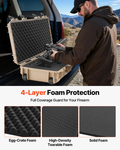 Hard Rifle Case, Lockable Rifle Case with 4 Layers Pre-cut Foams, 36 in Gun Storage with Wheels, IP67 Waterproof & Dustproof Pistol Storage Cases for Rifles, Shotguns, Airsoft Guns, Khaki