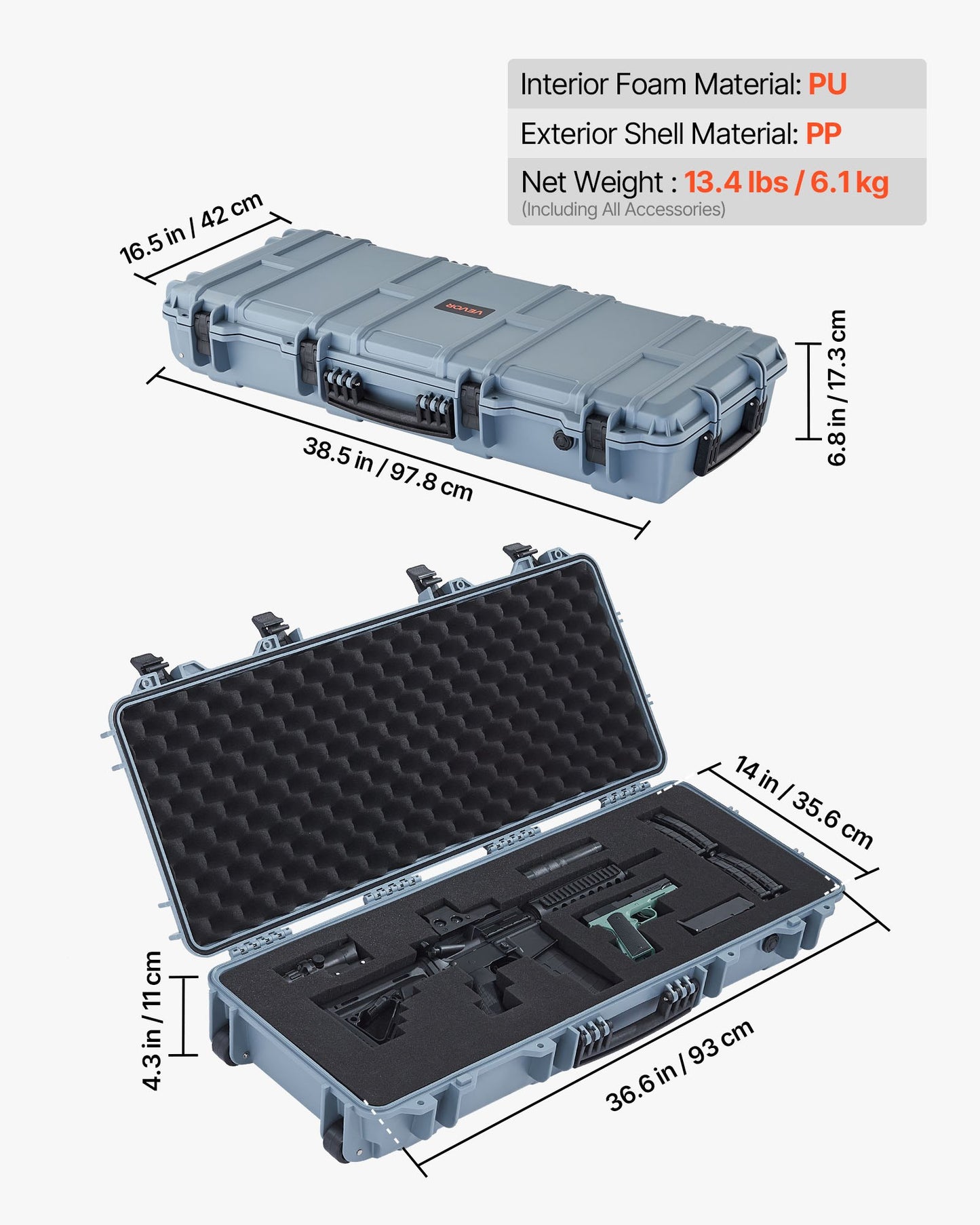 Hard Rifle Case, Lockable Rifle Case with 4 Layers Pre-cut Foams, 36 in Gun Storage with Wheels, IP67 Waterproof & Dustproof Pistol Storage Cases for Rifles, Shotguns, Airsoft Guns, Grey