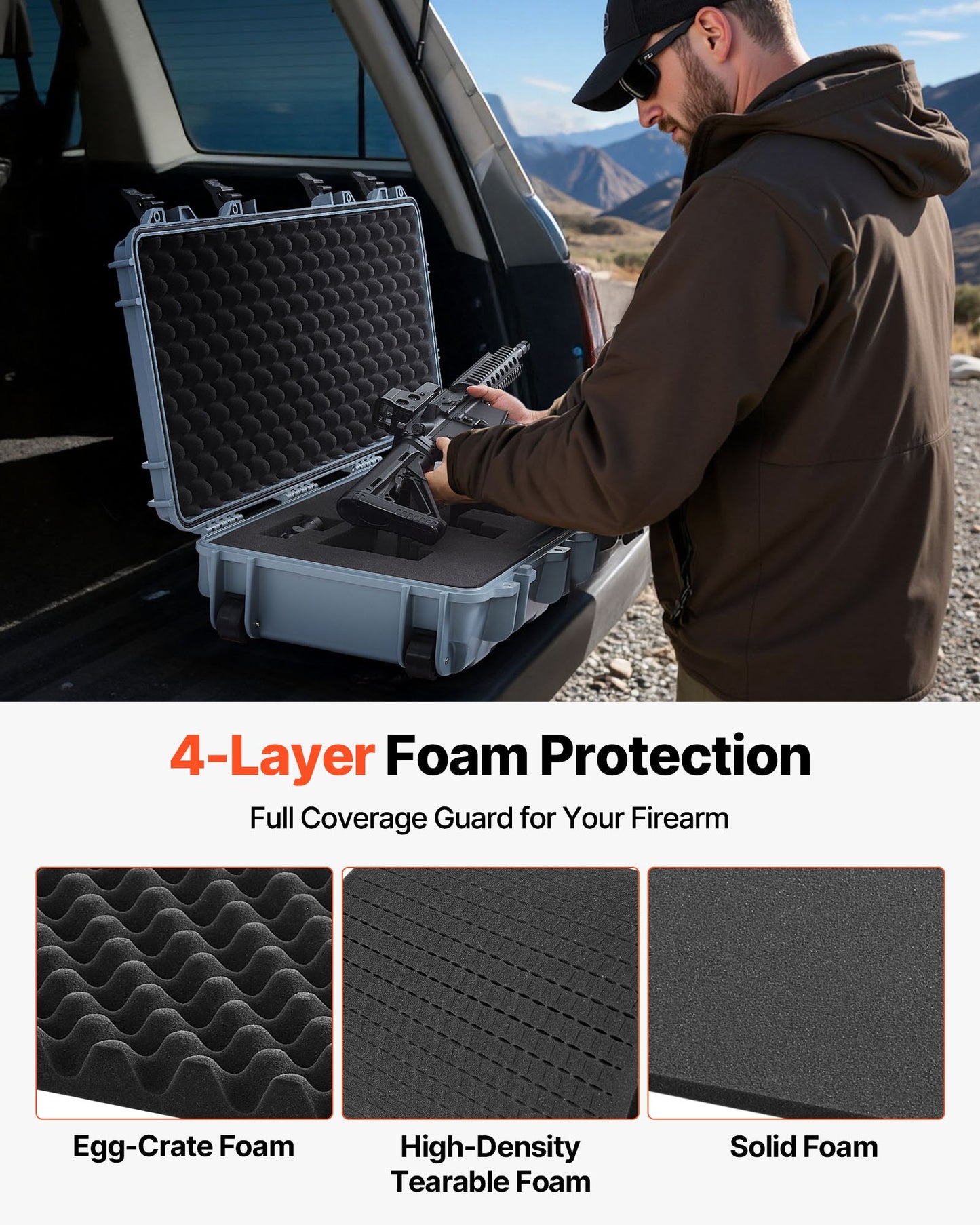 Hard Rifle Case, Lockable Rifle Case with 4 Layers Pre-cut Foams, 36 in Gun Storage with Wheels, IP67 Waterproof & Dustproof Pistol Storage Cases for Rifles, Shotguns, Airsoft Guns, Grey