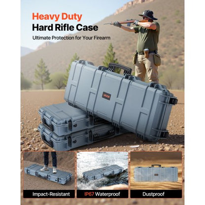 Hård gevärsväska, låsbar gevärsväska med förskurna skum, 1016 mm vapenförvaring med hjul, IP67 vattentät och dammtät flyttbar stor pistolförvaring för gevär, hagelgevär, airsoftvapen, grå |  EU