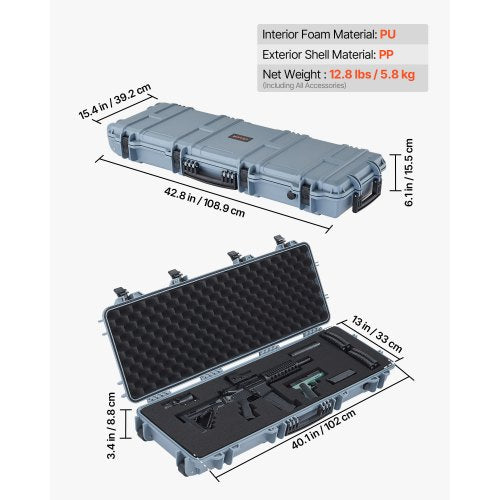 Hård gevärsväska, låsbar gevärsväska med förskurna skum, 1016 mm vapenförvaring med hjul, IP67 vattentät och dammtät flyttbar stor pistolförvaring för gevär, hagelgevär, airsoftvapen, grå |  EU