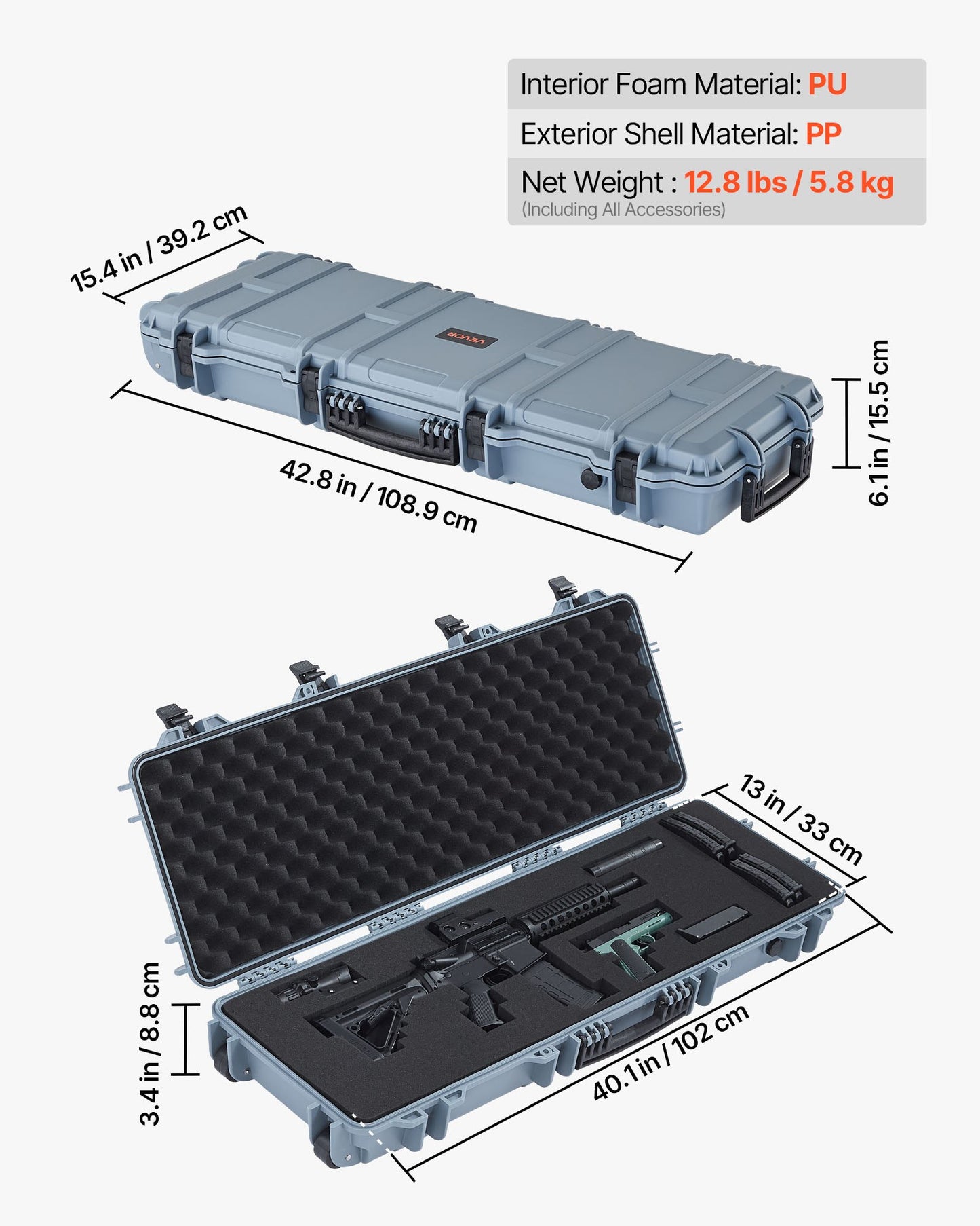 Hard Rifle Case, Lockable Rifle Case with Pre-cut Foams, 40 in Gun Storage with Wheels, IP67 Waterproof & Dustproof Movable Large Pistol Storage for Rifles, Shotguns, Airsoft Guns, Grey
