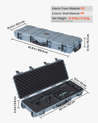 Hard Rifle Case, Lockable Rifle Case with Pre-cut Foams, 40 in Gun Storage with Wheels, IP67 Waterproof & Dustproof Movable Large Pistol Storage for Rifles, Shotguns, Airsoft Guns, Grey