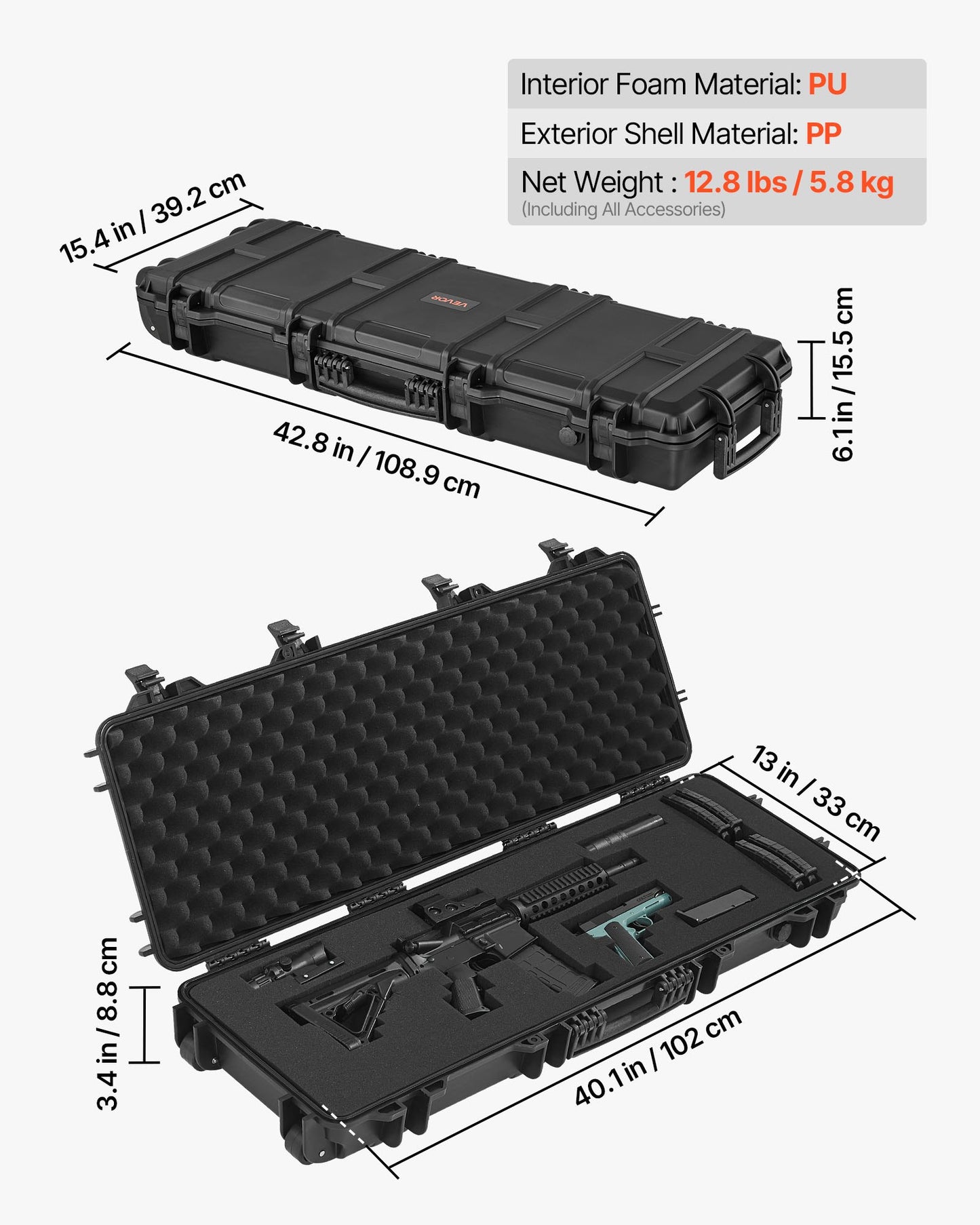 Hard Rifle Case, Lockable Rifle Case with Pre-cut Foams, 40 in Gun Storage with Wheels, IP67 Waterproof & Dustproof Movable Large Pistol Storage for Rifles, Shotguns, Airsoft Guns, Black