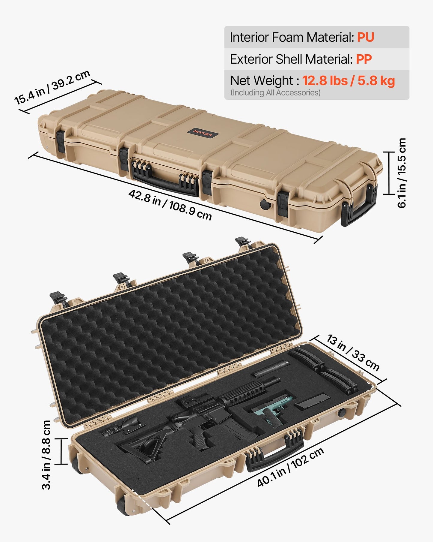 Hard Rifle Case, Lockable Rifle Case with Pre-cut Foams, 40 in Gun Storage with Wheels, IP67 Waterproof & Dustproof Movable Large Pistol Storage for Rifles, Shotguns, Airsoft Guns, Khaki