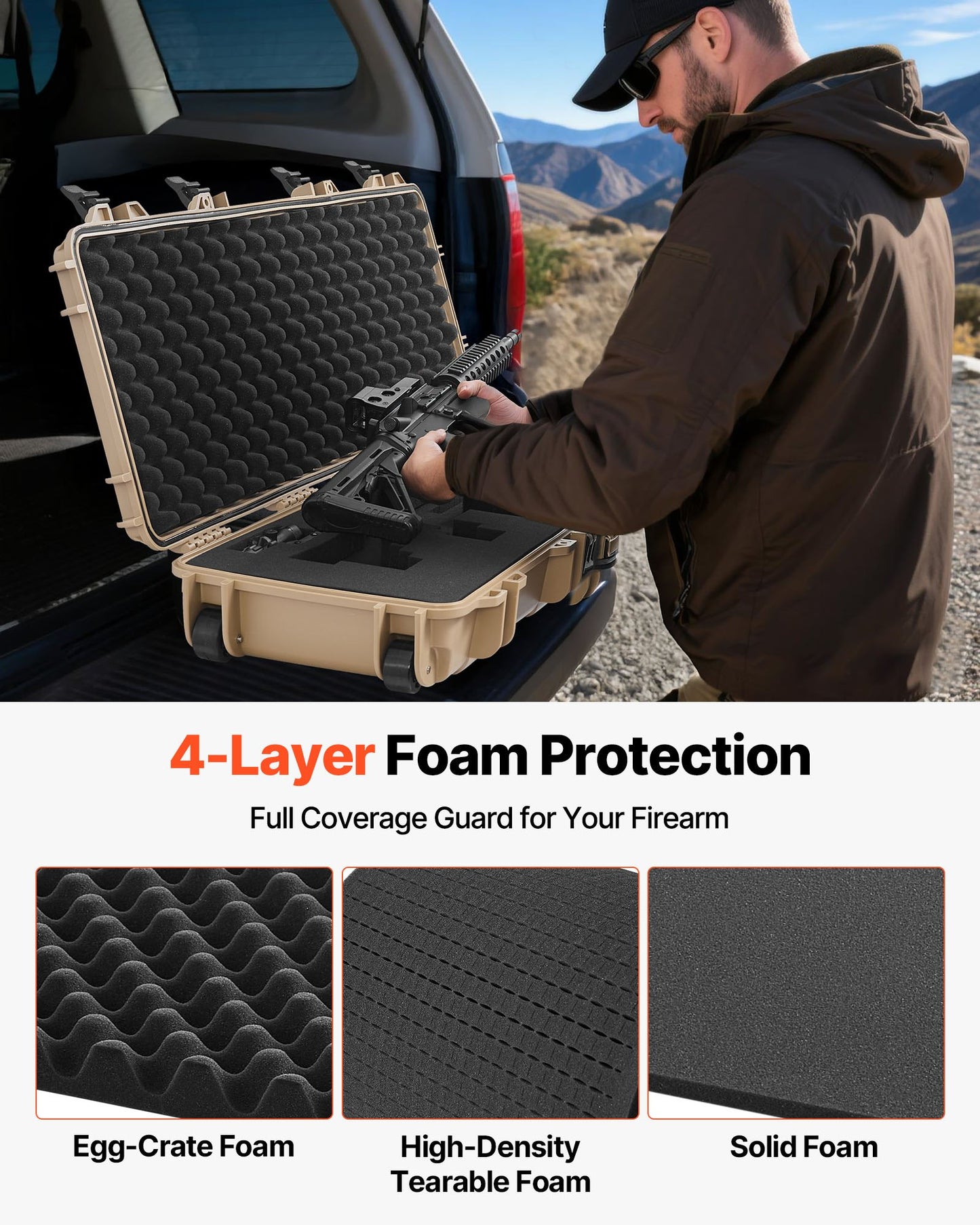 Hard Rifle Case, Lockable Rifle Case with Pre-cut Foams, 40 in Gun Storage with Wheels, IP67 Waterproof & Dustproof Movable Large Pistol Storage for Rifles, Shotguns, Airsoft Guns, Khaki