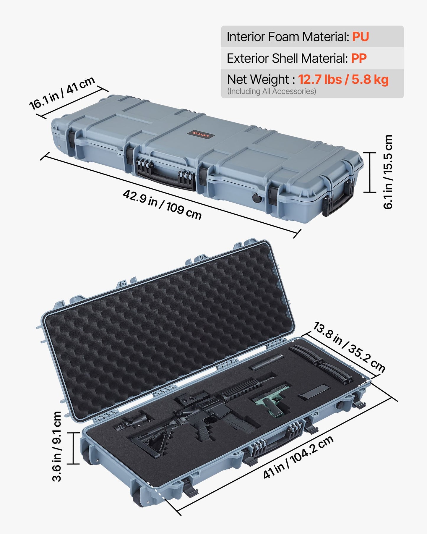 Hard Rifle Case, Lockable Rifle Case with Pre-cut Foams, 42 in Movable Gun Storage with Wheels, IP67 Waterproof & Dustproof Pistol Storage for Rifle, Shotgun, Airsoft Gun, Grey