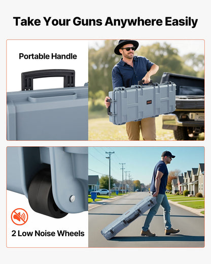 Hard Rifle Case, Lockable Rifle Case with Pre-cut Foams, 42 in Movable Gun Storage with Wheels, IP67 Waterproof & Dustproof Pistol Storage for Rifle, Shotgun, Airsoft Gun, Grey