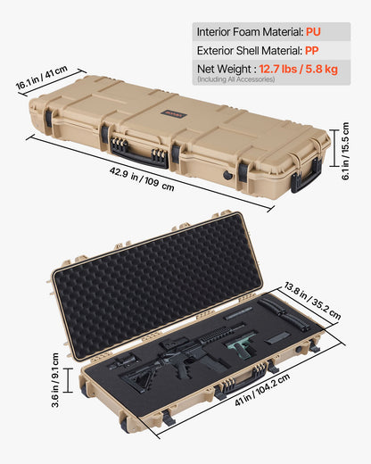 Hard Rifle Case, Lockable Rifle Case with Pre-cut Foams, 42 in Movable Gun Storage with Wheels, IP67 Waterproof & Dustproof Pistol Storage for Rifle, Shotgun, Airsoft Gun, Khaki