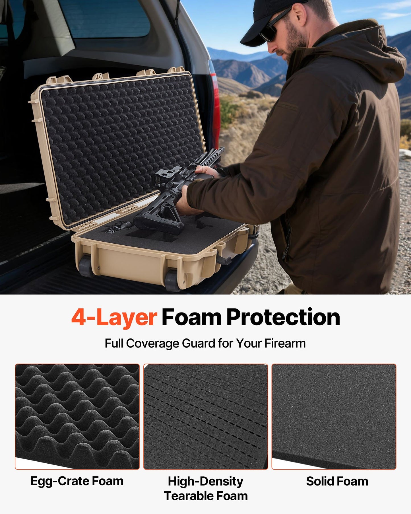 Hard Rifle Case, Lockable Rifle Case with Pre-cut Foams, 42 in Movable Gun Storage with Wheels, IP67 Waterproof & Dustproof Pistol Storage for Rifle, Shotgun, Airsoft Gun, Khaki