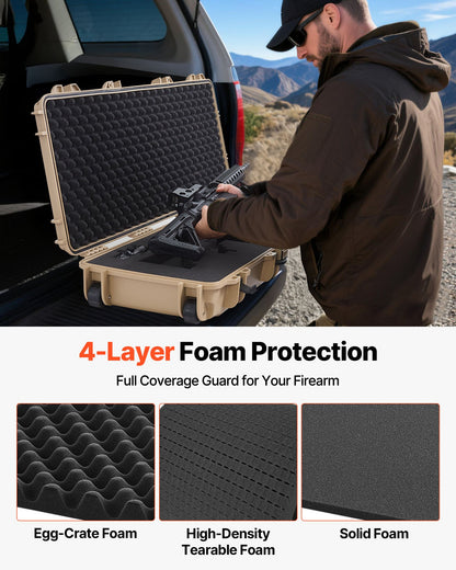 Hard Rifle Case, Lockable Rifle Case with Pre-cut Foams, 42 in Movable Gun Storage with Wheels, IP67 Waterproof & Dustproof Pistol Storage for Rifle, Shotgun, Airsoft Gun, Khaki