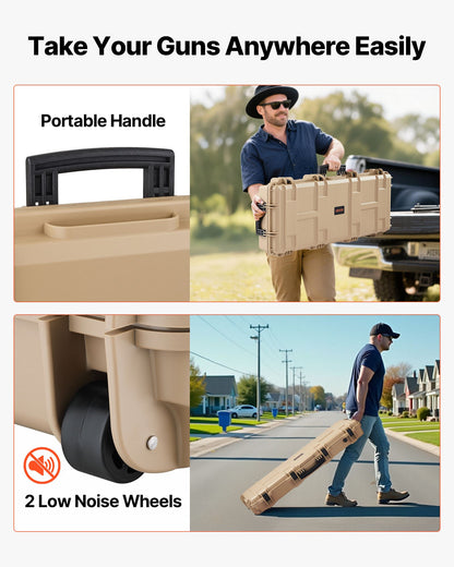 Hard Rifle Case, Lockable Rifle Case with Pre-cut Foams, 42 in Movable Gun Storage with Wheels, IP67 Waterproof & Dustproof Pistol Storage for Rifle, Shotgun, Airsoft Gun, Khaki