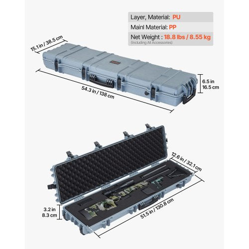 Hård gevärsväska, Låsbar gevärsväska med förskurna skum, 1270 mm Flyttbar vapenförvaring med hjul, IP67 Vattentät och dammtät pistolförvaring för gevär, hagelgevär, airsoftvapen, Grå |  EU