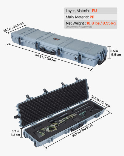 Hard Rifle Case, Lockable Rifle Case with Pre-cut Foams, 50 in Movable Gun Storage with Wheels, IP67 Waterproof & Dustproof Pistol Storage for Rifle, Shotgun, Airsoft Gun, Grey
